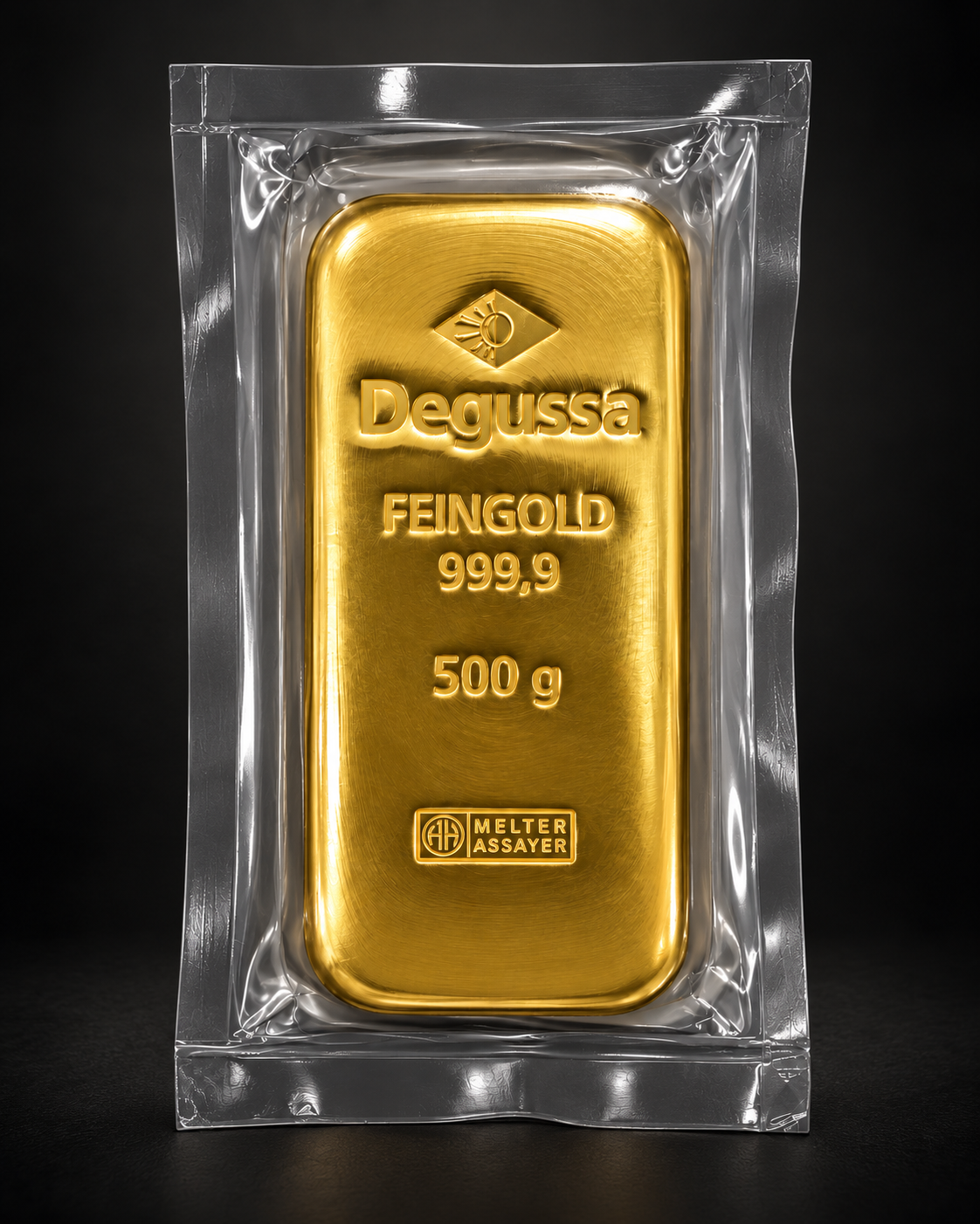 Lingote de oro Degussa de 500 gramos en su envoltorio